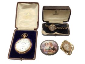 Gold plated pocket watch dated 1926, 9ct gold cased wristwatch on plated bracelet and two Victorian