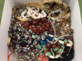 Group of vintage bead necklaces, two cameo brooches, various earrings and other jewellery