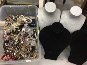 Box of costume jewellery, together with various display busts, stands etc