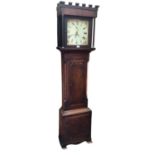 19th century 30 hour longcase clock with painted square dial in oak case with castellated top (no w