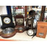 Black slate mantel clock, two other mantel clocks, a contemporary wall barometer, vintage style tele