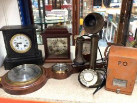 Black slate mantel clock, two other mantel clocks, a contemporary wall barometer, vintage style tele