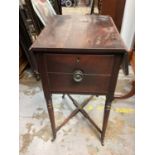 Nineteenth century drop flap work table with end drawer on turned legs joined by X frame stretchers
