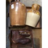 Sundry items, including stoneware flagons, vintage ice skates