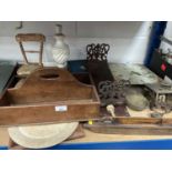 Antique cutlery tray, 19th century clock dial and movement and sundry items