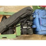 Collection of camera equipment, sighting scope etc
