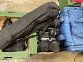 Collection of camera equipment, sighting scope etc