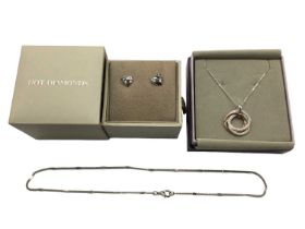 Pair of silver ‘Hot Diamonds’ diamond set heart stud earrings in box, silver pendant necklace and on