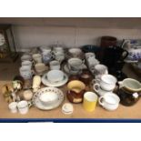 Group of mostly antique ceramics, including a mocha ware jug, tea wares, etc