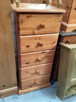 Pine narrow chest of five drawers, 43cm wide, 44cm deep, 97cm high, together with a pine blanket box