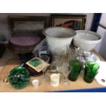 Sundry items, including antique glassware, ceramics, a footstool, prints, etc