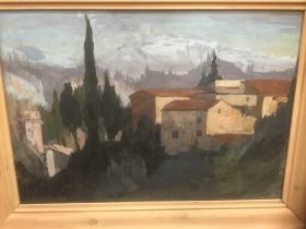 Attributed to John Barrow - oil on board, Mediterranean landscape with cedar trees