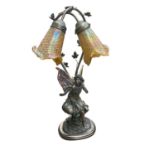 Tiffany style table lamp with two iridescent glass shades and stained glass wings to the bronzed res