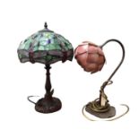 Tiffany style table lamp with green glass shade and dragonfly decoration, together with one other ta