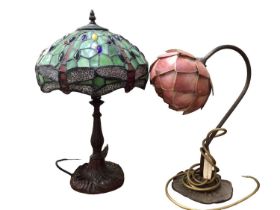 Tiffany style table lamp with green glass shade and dragonfly decoration, together with one other ta