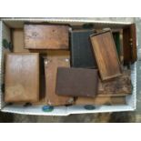 Collection of mostly antique boxes, inclining a microscope case