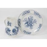 18th century Worcester blue and white Pinecone pattern plate, with scalloped edge, together with a W