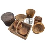 Collection of wicker baskets and a bentwood box