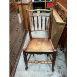 Pair of 19th century elm spindle back chairs with solid elm seats, together with a similar rush seat