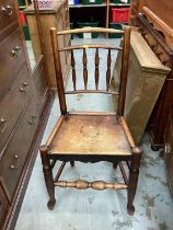 Pair of 19th century elm spindle back chairs with solid elm seats, together with a similar rush seat