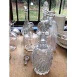 A Baccarat glass decanter, a 19th century etched 'Gin' decanter, and other decanters