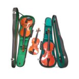 Two 3/4 size Chinese violins with bows and cases with labels and 1/8 size Chinese violin (3)