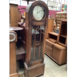Art Deco 1930s longcase clock with chiming movement with three weights and pendulum in oak case (woo