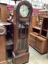 Art Deco 1930s longcase clock with chiming movement with three weights and pendulum in oak case (woo