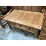 Pine rectangular coffee table with single drawer, 100cm wide, 59.5cm deep, 46cm high, together with