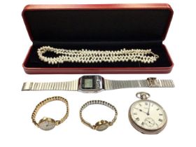 Two 9ct gold cased vintage wristwatches, silver cased Waltham pocket watch, Casio wristwatch and a t
