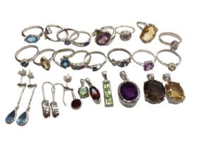 Group of contemporary silver (925) gem set rings, pendants and earrings