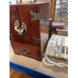 Oriental jewellery cabinet, copper coins in tin, old camera and sundries including stamps