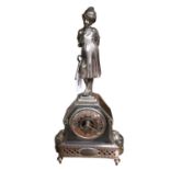 Early 20th century silver plated clock with female figure surmount