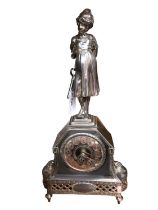 Early 20th century silver plated clock with female figure surmount