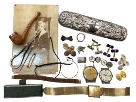 Various cufflinks, silver ring, silver backed brush, watches and bijouterie