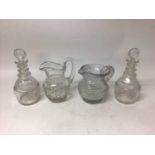 Pair George III cut glass decanters, George III cut glass water jug and a Victorian cut glass water