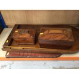 Two Victorian sarcophagus shape tea caddies, antique mahogany 'shove ha'penny' board and a 1930s bag