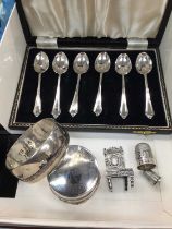 Set of six silver coffee spoons in fitted case, miniature silver chair, white metal trinket pot with