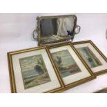 Edwardian style silver plated tray with engraved crest, together with three framed watercolours by A