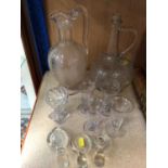 Group of antique and glassware including Dutch etched glass decanter, custard cups etc
