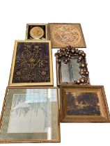 Group of pictures to include a George III needlework picture of flowers in verre églomisé frame, ant