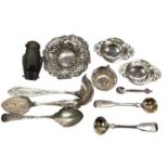 Silver pierced dish, pair of miniature silver quaich, small silver salt, two silver salt spoons, pai