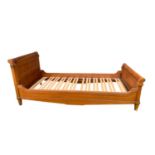 Stained hardwood single sleigh bed, 210cm long x 100cm wide overall. (Fits a 6ft6 x 3ft mattress siz