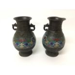 Pair of antique Chinese bronze and enamelled vases