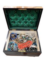 Victorian walnut sewing box containing lot costume jewellery and bijouterie