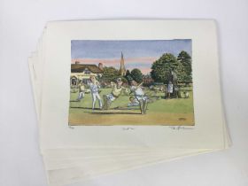 Bob Farndon (20th century) collection of hand coloured prints on a cricket theme, each signed titled