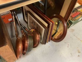 American regulator wall clock, three copper warming pans and group of mixed prints.