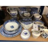 Group of antique and later blue and white ceramics, including a Delftware box and tile, pearlware ju
