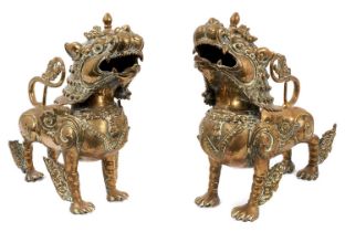 Large pair of 19th century Chinese brass foo dog censers