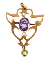 Edwardian Art Nouveau gold amethyst peridot and seed pearl pendant brooch, possibly of support to th
